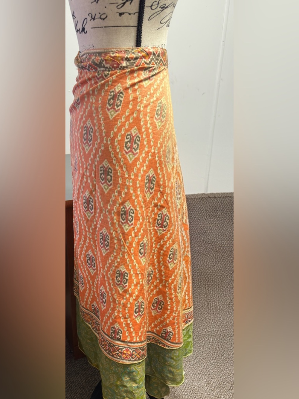 Boho Wrap Skirt in Warm Orange Ikat - Picture 3 of 12